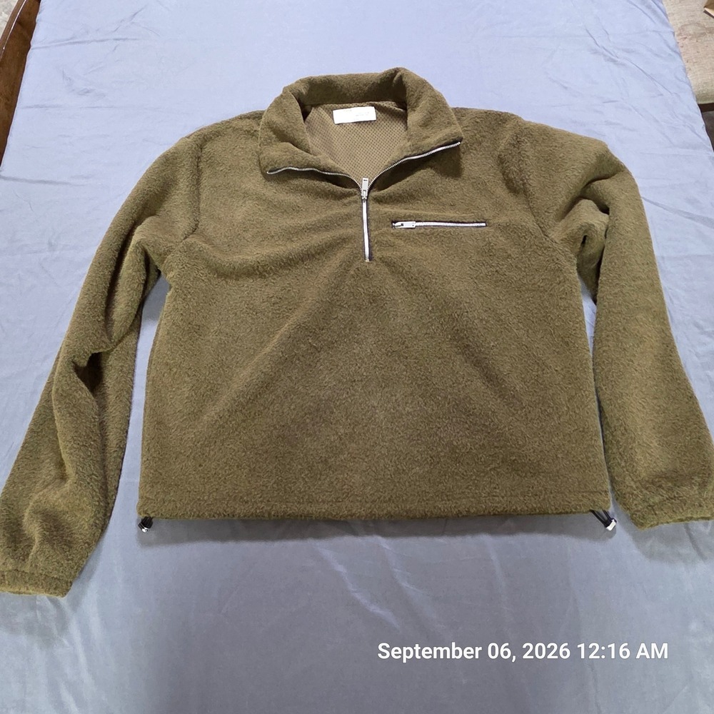 Zara Olive Green Fleece Quarter Zip Pullover Sweatshirt Women Small Mock Neck